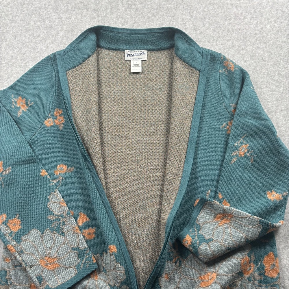 Pendleton Merino Wool Full Zip Cardigan Sweater Floral Teal Blue Womens Size L - Picture 9 of 16